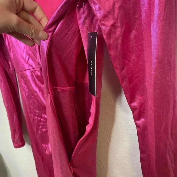 NWT Lulus Glow Like Me Hot Pink Metallic Twist-Front Long Sleeve Dress - Picture 8 of 13